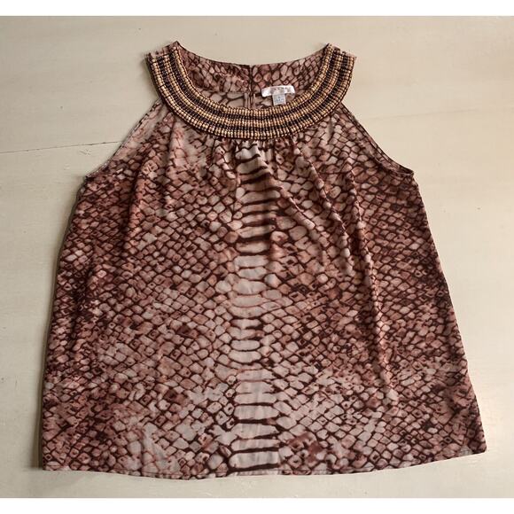 Kenar Sleeveless Top Brown Snakeskin Print Heavily Wood Beaded Neckline XL - Picture 2 of 9
